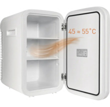 Kleiner weißer tragbarer Kühlschrank mit offener Tür, Innenfächern und Warmhaltefunktion von circa 45 bis 55 Grad Celsius.