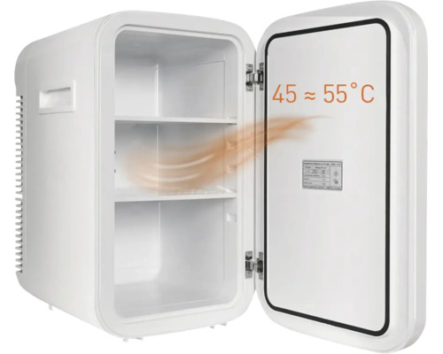 Kleiner weißer tragbarer Kühlschrank mit offener Tür, Innenfächern und Warmhaltefunktion von circa 45 bis 55 Grad Celsius.
