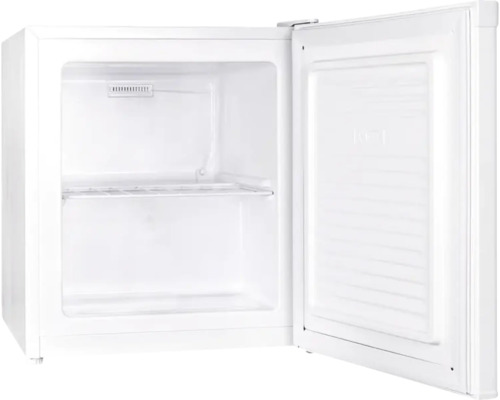 Weißer Mini-Gefrierschrank mit geöffneter Tür, einem Metall-Einlegerost und zwei Fächern.