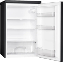 Offener Minikühlschrank mit Glasablagen, Gemüsefach und Türfächern.