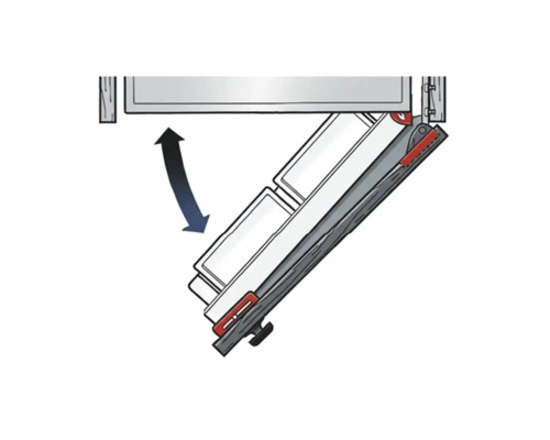 Skizze der Öffnungsfunktion eines Fensterflügels mit Pfeil für die Bewegungsrichtung.