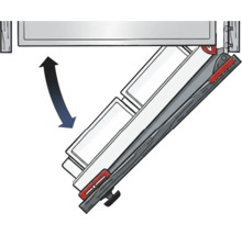 Schwenkmechanismus für Klappenbeschlag mit Pfeil zur Darstellung der Bewegungsrichtung.
