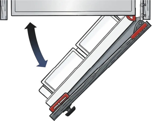 Schwenkmechanismus für Klappenbeschlag mit Pfeil zur Darstellung der Bewegungsrichtung.