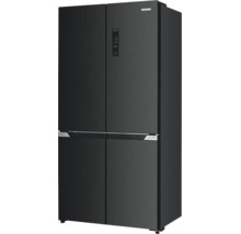 Schwarze Multi-Door Kühl-Gefrierkombination mit vier Türen und digitalem Display an der Front.