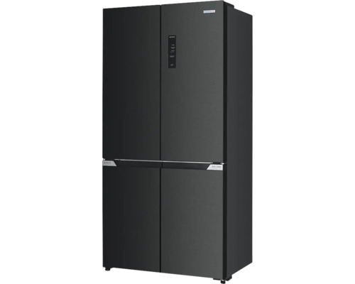Schwarze Multi-Door Kühl-Gefrierkombination mit vier Türen und digitalem Display an der Front.