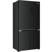 Schwarzer Side-by-Side Kühlschrank mit vier Türen und einem digitalen Display an der rechten oberen Türfront.