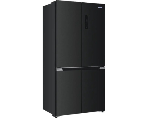 Schwarzer Side-by-Side Kühlschrank mit vier Türen und einem digitalen Display an der rechten oberen Türfront.