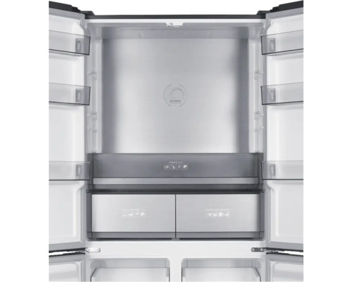 Kühlschrank-Innenraum mit No-Frost-Technologie, Crisper-Zone und Schubladen für frische Lebensmittel.
