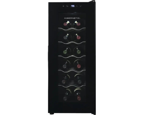Kibernetik Weinkühlschrank für 12 Flaschen mit Glastür, Metallregalen und digitaler Temperaturanzeige.