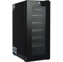 Schwarzer Kibernetik Weinkühlschrank mit Glastür, Metallregalen und digitaler Temperaturanzeige.
