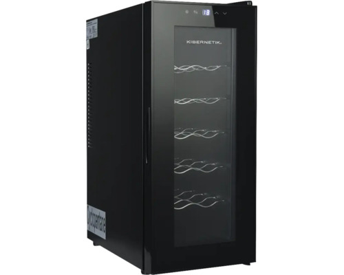 Schwarzer Kibernetik Weinkühlschrank mit Glastür, Metallregalen und digitaler Temperaturanzeige.