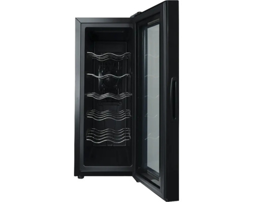 Schwarzer offener Weinkühlschrank mit fünf Metallregalen für Weinflaschen und Glastür.