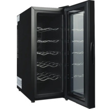 Offener schwarzer Weinkühlschrank mit fünf Metallregalen und Glastür