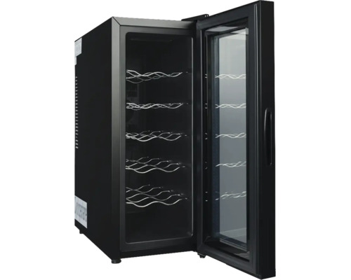 Offener schwarzer Weinkühlschrank mit fünf Metallregalen und Glastür