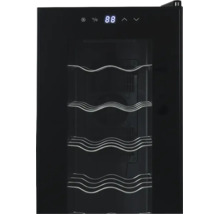 Schwarzer Weinkühlschrank mit Glastür, vier verchromten Drahtregalen und digitalem Display.