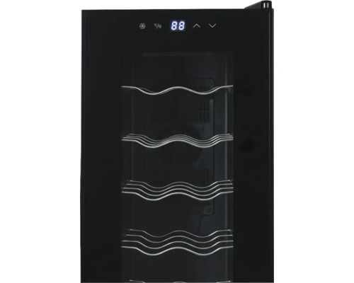 Schwarzer Weinkühlschrank mit Glastür, vier verchromten Drahtregalen und digitalem Display.