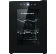 Kibernetik Weinkühlschrank in Schwarz mit Glastür, digitaler Temperaturanzeige und zwei wellenförmigen Metallregalen für Weinflaschen.