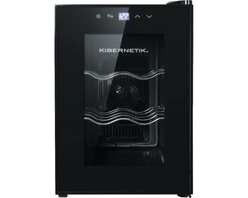 Kibernetik Weinkühlschrank in Schwarz mit Glastür, digitaler Temperaturanzeige und zwei wellenförmigen Metallregalen für Weinflaschen.