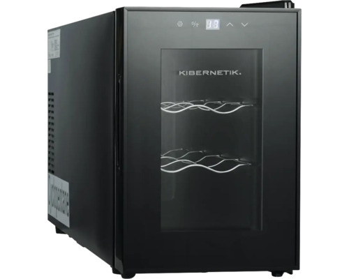 Kibernetik Weinkühlschrank mit Glastür, zwei Metallregalen und digitaler Temperaturanzeige.