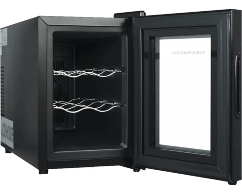 Schwarzer Weinkühlschrank mit geöffneter Glastür und zwei Flaschenregalen aus Metall.