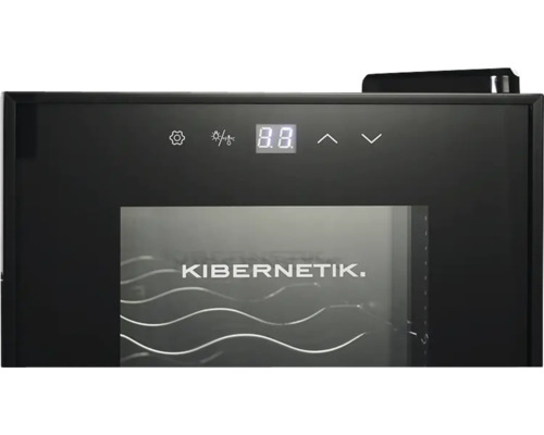 Digitales Display und Bedienfeld eines Kibernetik Weinkühlschranks mit Glastür und Wellengittern.