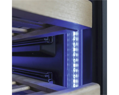 Innenansicht eines Weinkühlschranks mit Lichtleiste und ausziehbaren Holzböden.