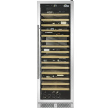 Weinklimaschrank mit Glastür, Edelstahlrahmen und Holzauszügen für Weinflaschen.