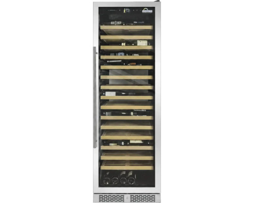 Weinklimaschrank mit Glastür, Edelstahlrahmen und Holzauszügen für Weinflaschen.