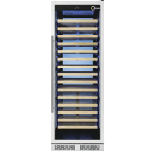 Kibernetik Weinkühlschrank mit Glastür, Edelstahlgriff, mehreren Holzböden und Kibernetik Logo.