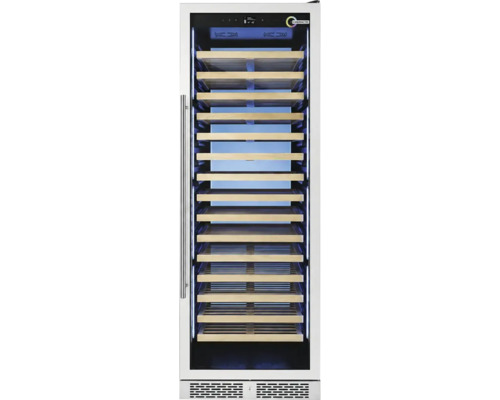 Kibernetik Weinkühlschrank mit Glastür, Edelstahlgriff, mehreren Holzböden und Kibernetik Logo.
