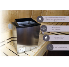 Poêle de sauna en acier inoxydable avec paroi intérieure en acier aluminisé et pierres de diabase dans un sauna en bois.