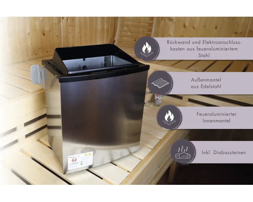 Poêle de sauna en acier inoxydable avec paroi intérieure en acier aluminisé et pierres de diabase dans un sauna en bois.
