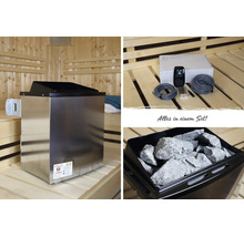 Set de sauna comprenant un poêle en acier inoxydable, une commande avec écran numérique et câbles de raccordement ainsi que des pierres.
