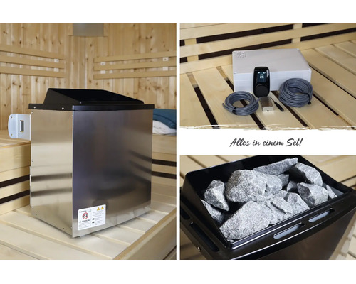 Set de sauna comprenant un poêle en acier inoxydable, une commande avec écran numérique et câbles de raccordement ainsi que des pierres.