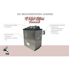 Poêle de sauna finlandais Karibu 9 kilowatts en acier inoxydable avec pierres de sauna, certifié TÜV, dimensions 41 par 50 par 37 centimètres.
