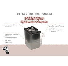 Poêle de sauna Karibu 9 kilowatt avec commande intégrée, pierres de sauna incluses, certifié TÜV, dimensions 41 par 50 par 37 centimètres. Karibu Logo
