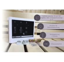 Commande de sauna Karibu FIN avec écran tactile numérique, deux capteurs et câbles de raccordement devant une paroi de sauna en bois.