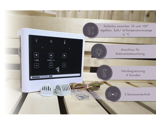 Commande de sauna Karibu FIN avec écran tactile numérique, deux capteurs et câbles de raccordement devant une paroi de sauna en bois.