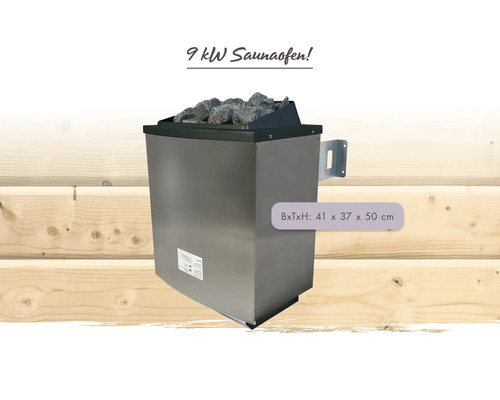 Poêle de sauna en acier inoxydable de 9 kilowatts avec pierres de sauna, dimensions 41 par 37 par 50 centimètres.