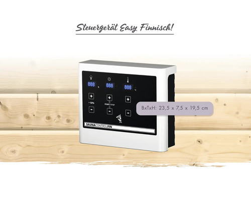 Unité de commande de sauna Easy Finnish avec affichage numérique pour la température et le temps, dimensions 23,5 sur 7,5 sur 19,5 centimètres.