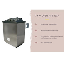 Poêle à sauna finlandais 9 kilowatts avec enveloppe extérieure en acier inoxydable et pierres de diabase.