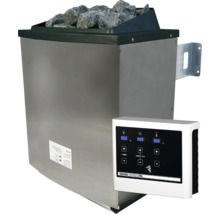 Poêle de sauna en acier inoxydable avec pierres de sauna et unité de commande externe.
