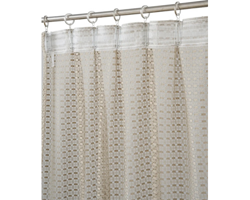 Transparenter Vorhang mit gewebtem Gittermuster, befestigt mit Metallringen und Clips an einer Vorhangstange.