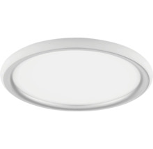Plafonnier LED rond et plat avec bordure blanche.