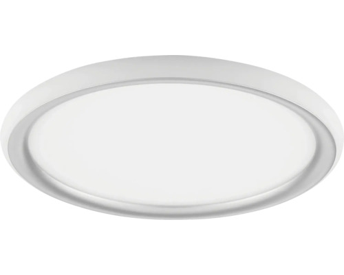 Plafonnier LED rond et plat avec bordure blanche.