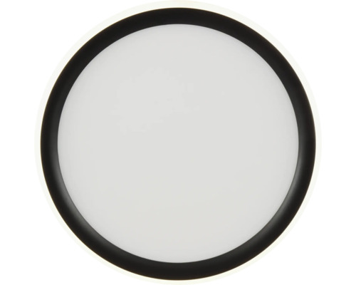Plafonnier LED rond avec bord noir et diffuseur blanc.