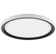 Plafonnier LED rond et plat avec un anneau intérieur noir et un boîtier blanc.