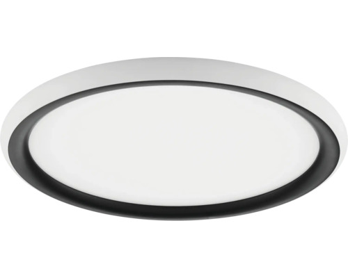 Plafonnier LED rond et plat avec un anneau intérieur noir et un boîtier blanc.