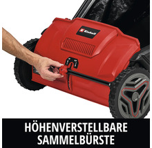 Ramasseur de feuilles et d'herbe Einhell avec brosse de ramassage réglable en hauteur par bouton rotatif. Logo Einhell.