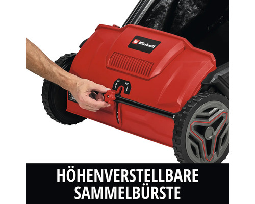 Ramasseur de feuilles et d'herbe Einhell avec brosse de ramassage réglable en hauteur par bouton rotatif. Logo Einhell.